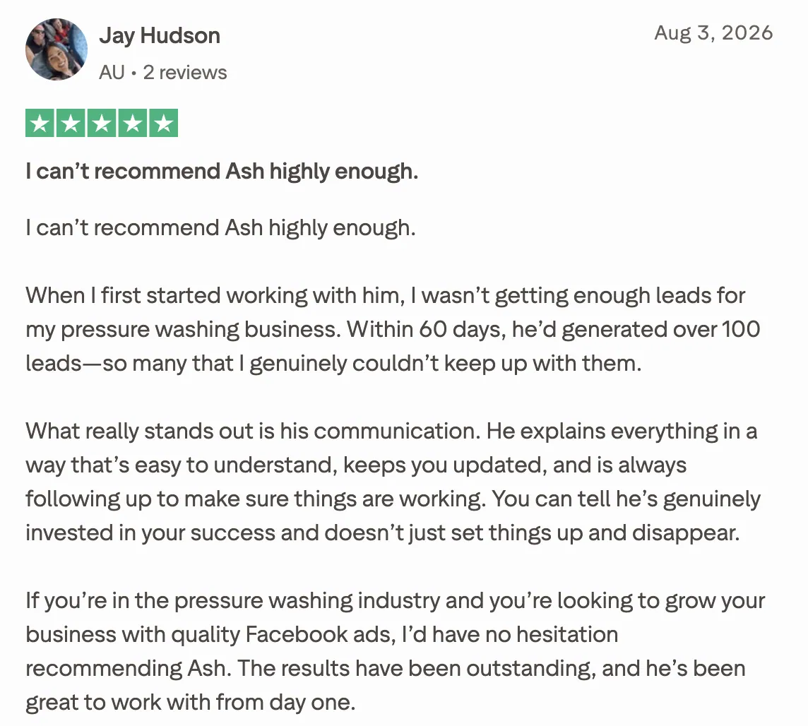 Five star review from Jay Hudson about 100 leads in 60 days