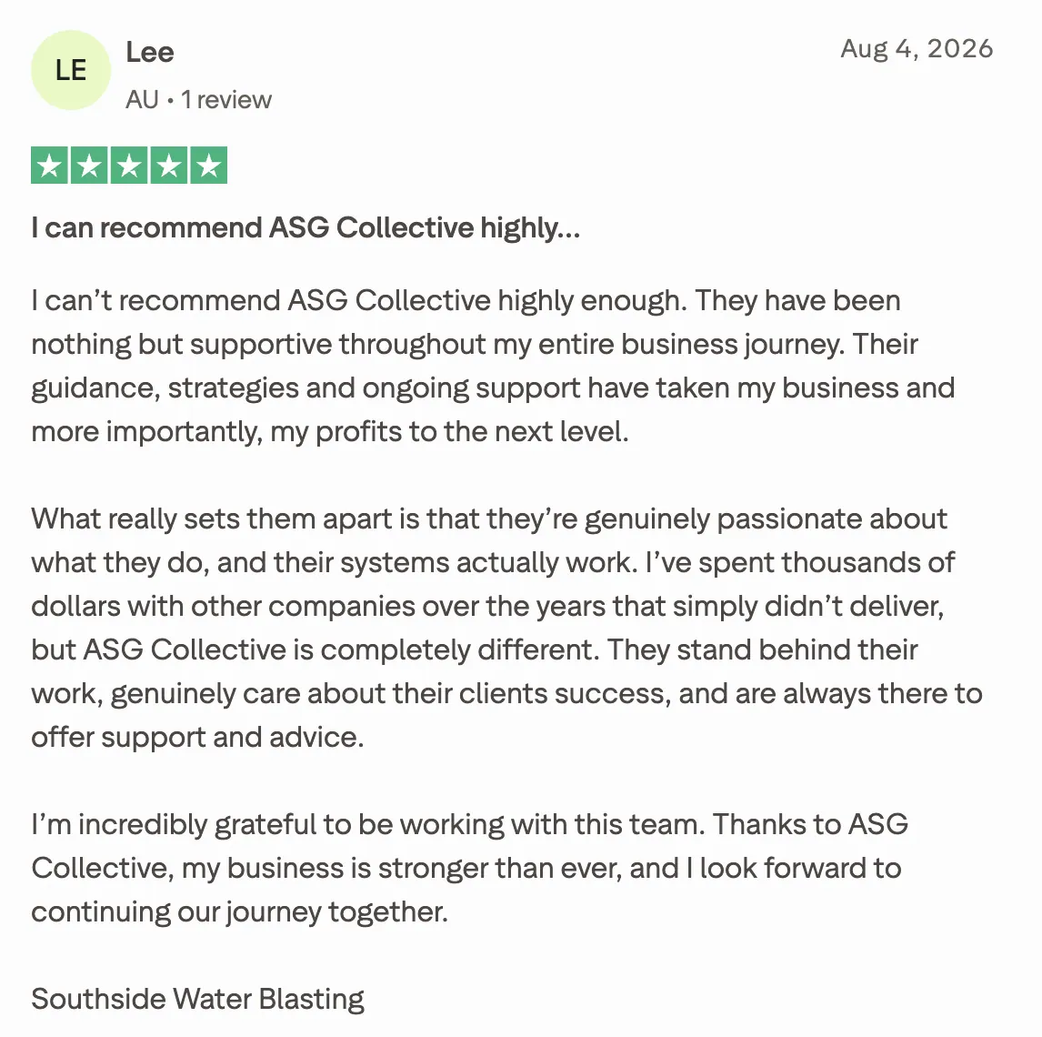 Five star review from Lee of Southside Water Blasting